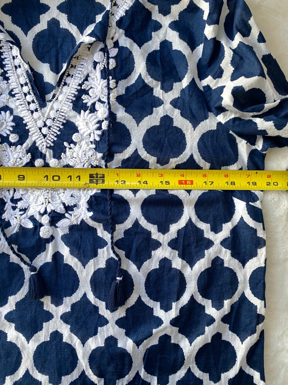 Talbots Navy White Lattice Embroidered Tunic Cotton Boho Peasant Top Size Medium - Picture 8 of 10